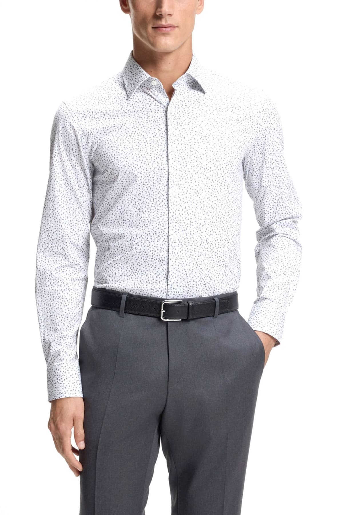 BOSS ΠΟΥΚΑΜΙΣΟ ΜΙΚΡΟΣΧΕΔΙΟ SLIM FIT STRETCH H-HANK-K-C1-261 ΛΕΥΚΟ-ΜΠΛΕ
