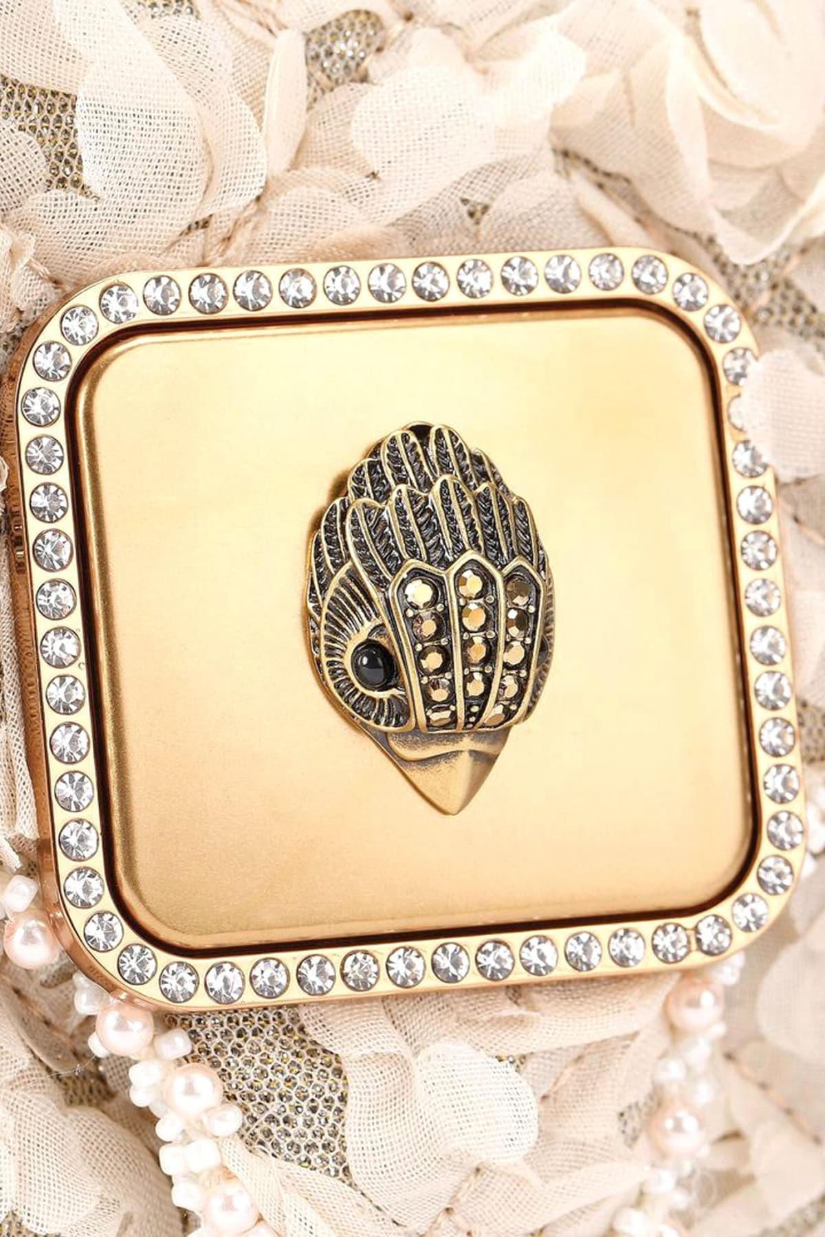 KURT GEIGER ΤΣΑΝΤΑKI CROSSBODY/ΩΜΟΥ MINI PIMLICO BAG ΥΦΑΣΜΑΤΙΝΑ ΣΧΕΔΙΑ ΑΛΥΣΙΔΑ LOGO ΜΠΕΖ/ΧΡΥΣΟ