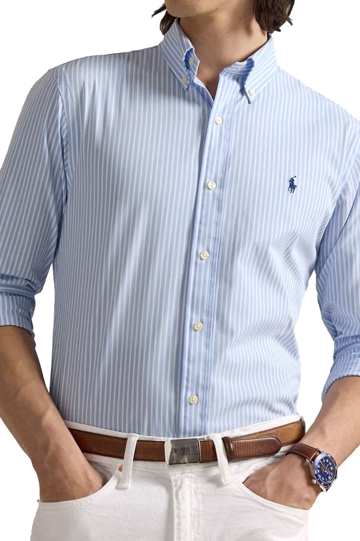 RALPH LAUREN ΠΟΥΚΑΜΙΣΟ ΡΙΓΕ BUTTON DOWN CUSTOM FIT STRETCH ΣΙΕΛ-ΛΕΥΚΟ