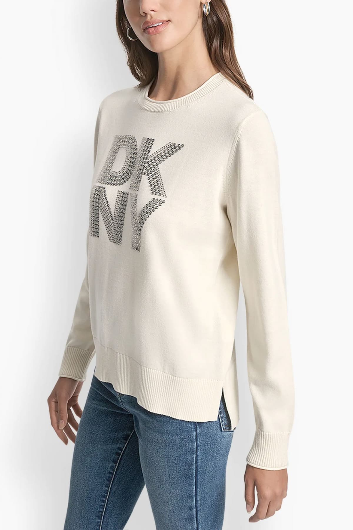 DKNY ΠΛΕΚΤΟ CREW NECK LOGO ΣΤΡΑΣ ΕΚΡΟΥ