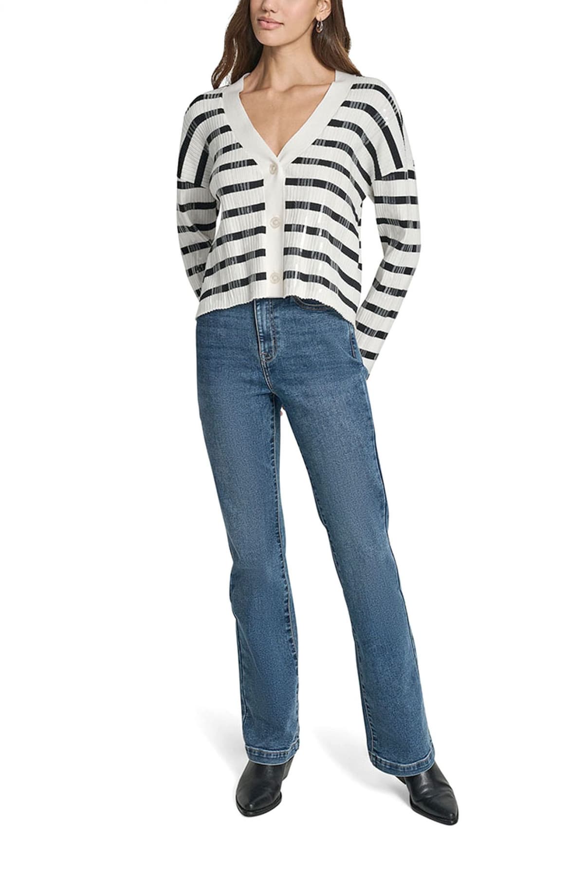 DKNY ΖΑΚΕΤΑ ΠΛΕΚΤΟ CROPPED ΡΙΜΠ ΠΑΓΙΕΤΑ ΕΚΡΟΥ-ΜΑΥΡΟ