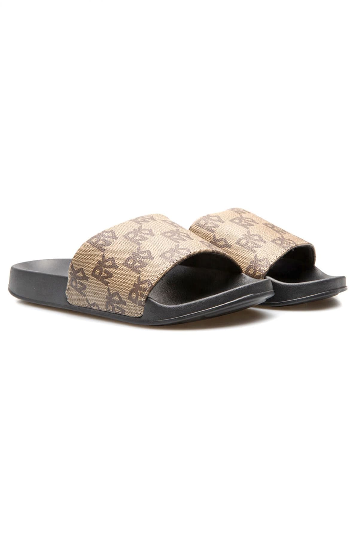 DKNY ΠΑΠΟΥΤΣΙΑ ΠΑΝΤΟΦΛΕΣ ZELLA FLAT SLIDE ALL OVER LOGO ΜΠΕΖ-ΚΑΦΕ
