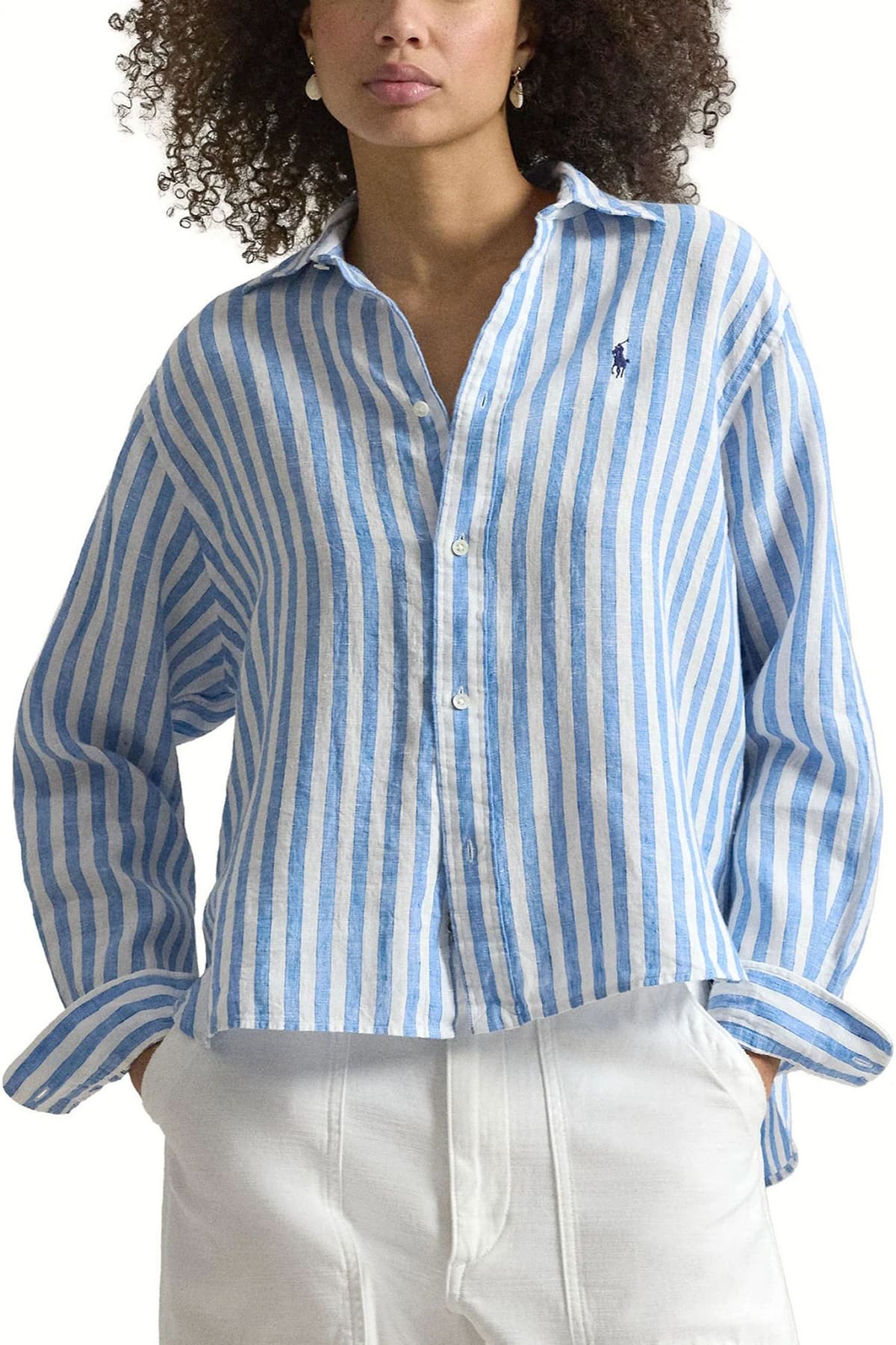 RALPH LAUREN ΠΟΥΚΑΜΙΣΟ ΡΙΓΕ CLASSICS CROP BOXY FIT ΛΕΥΚΟ-ΓΑΛΑΖΙΟ