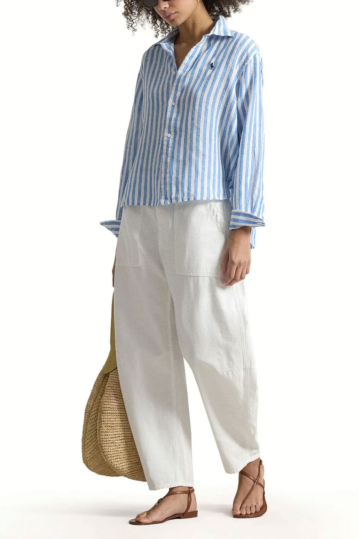 RALPH LAUREN ΠΟΥΚΑΜΙΣΟ ΡΙΓΕ CLASSICS CROP BOXY FIT ΛΕΥΚΟ-ΓΑΛΑΖΙΟ