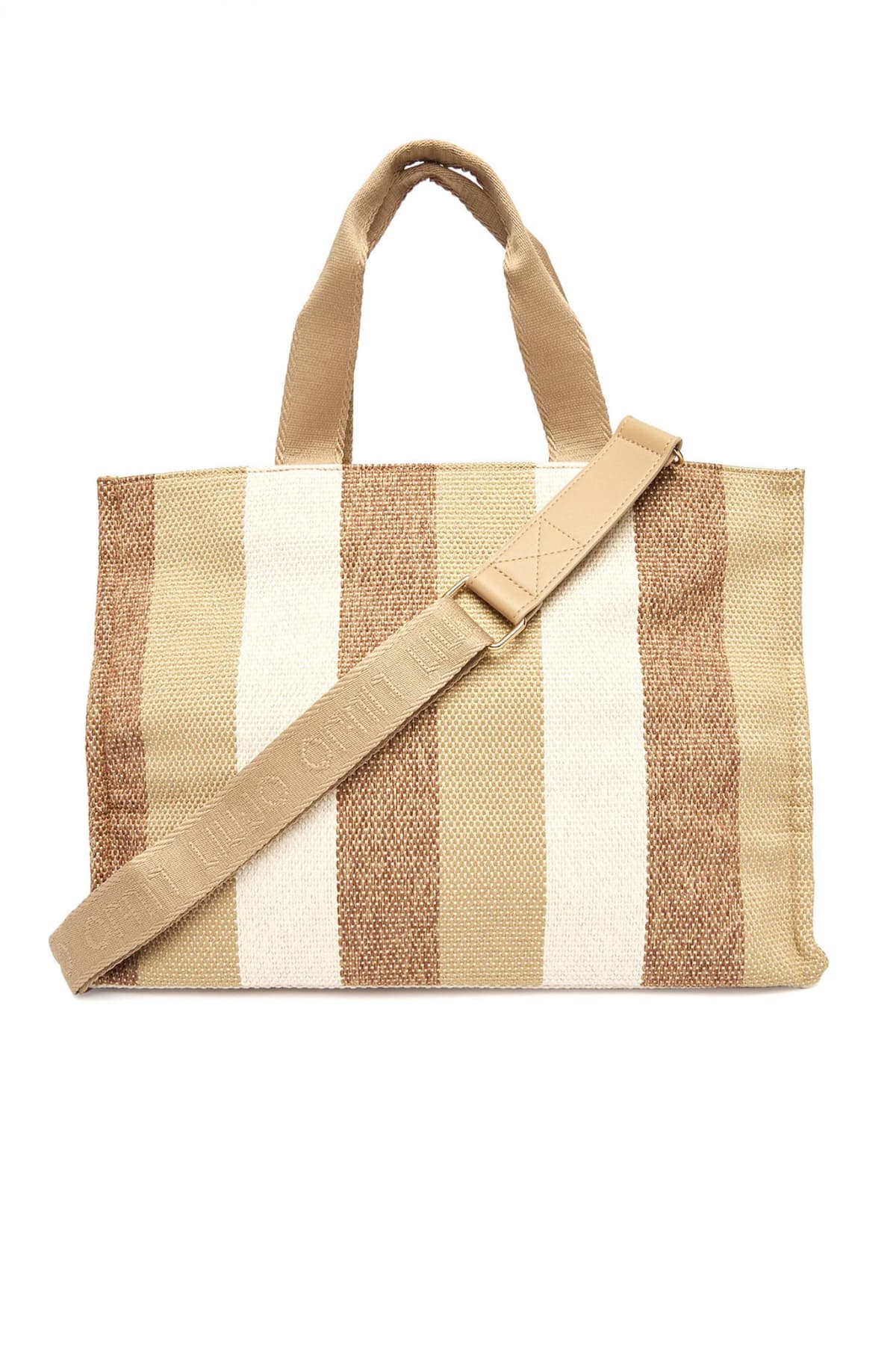 LIU-JO ΤΣΑΝΤΑ ΧΕΙΡΟΣ/CROSSBODY TOTE STRIPED KANVAS LOGO ΜΠΕΖ-ΚΑΦΕ