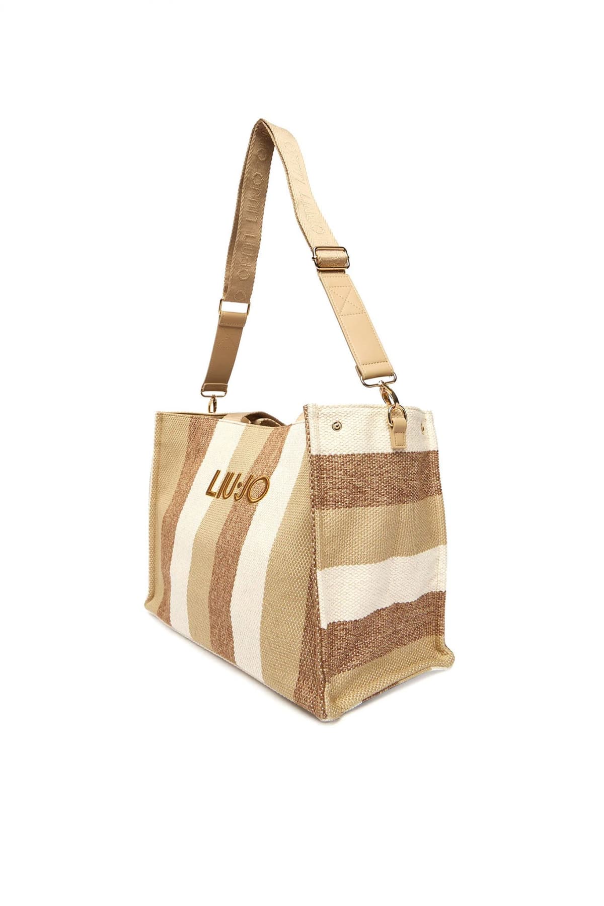 LIU-JO ΤΣΑΝΤΑ ΧΕΙΡΟΣ/CROSSBODY TOTE STRIPED KANVAS LOGO ΜΠΕΖ-ΚΑΦΕ