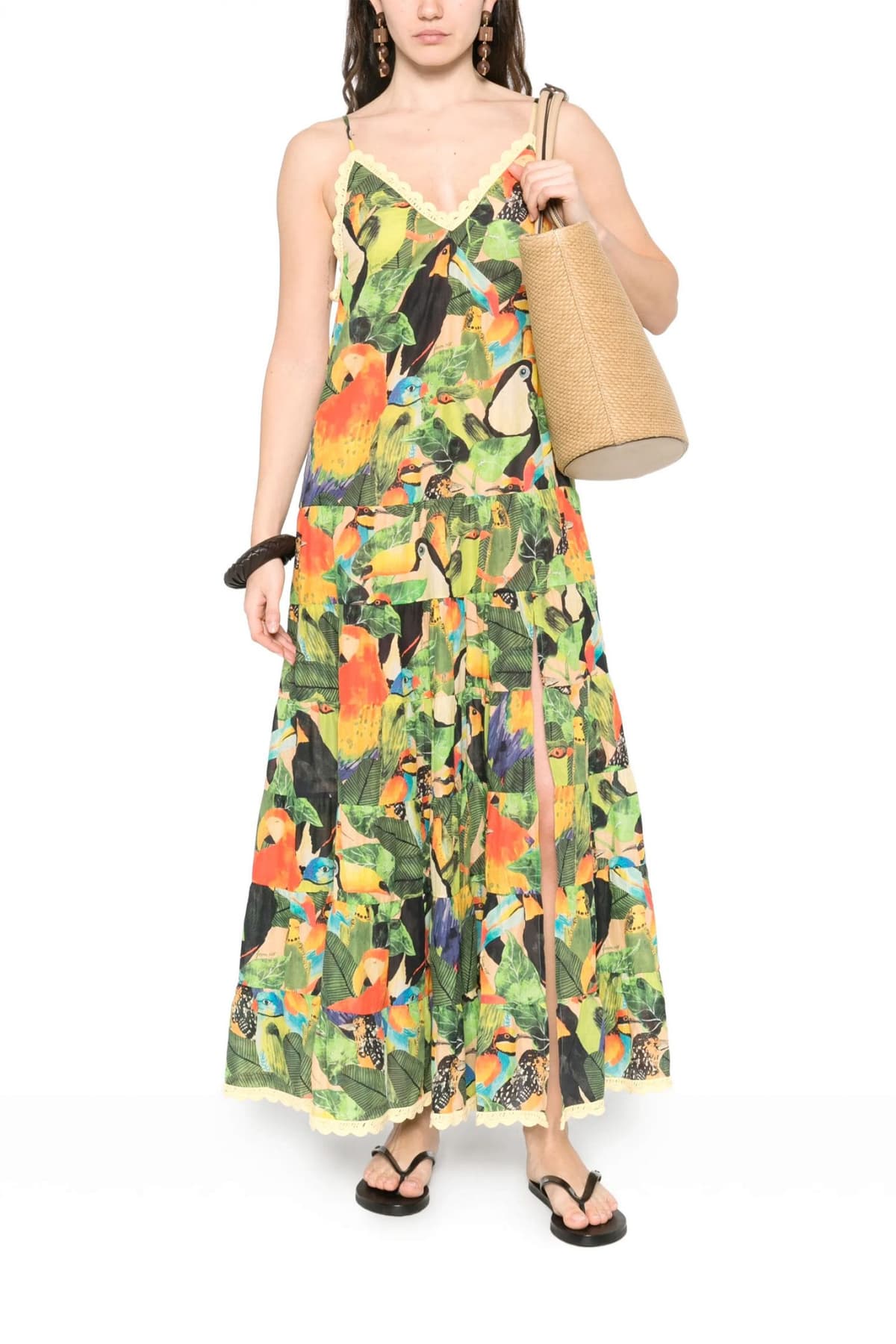 FARM RIO ΦΟΡΕΜΑ MIDI BIRD LEAVES SAND ΑΝΟΙΧΤΗ ΠΛΑΤΗ ΒΟΛΑΝ ΠΟΛΥΧΡΩΜΟ