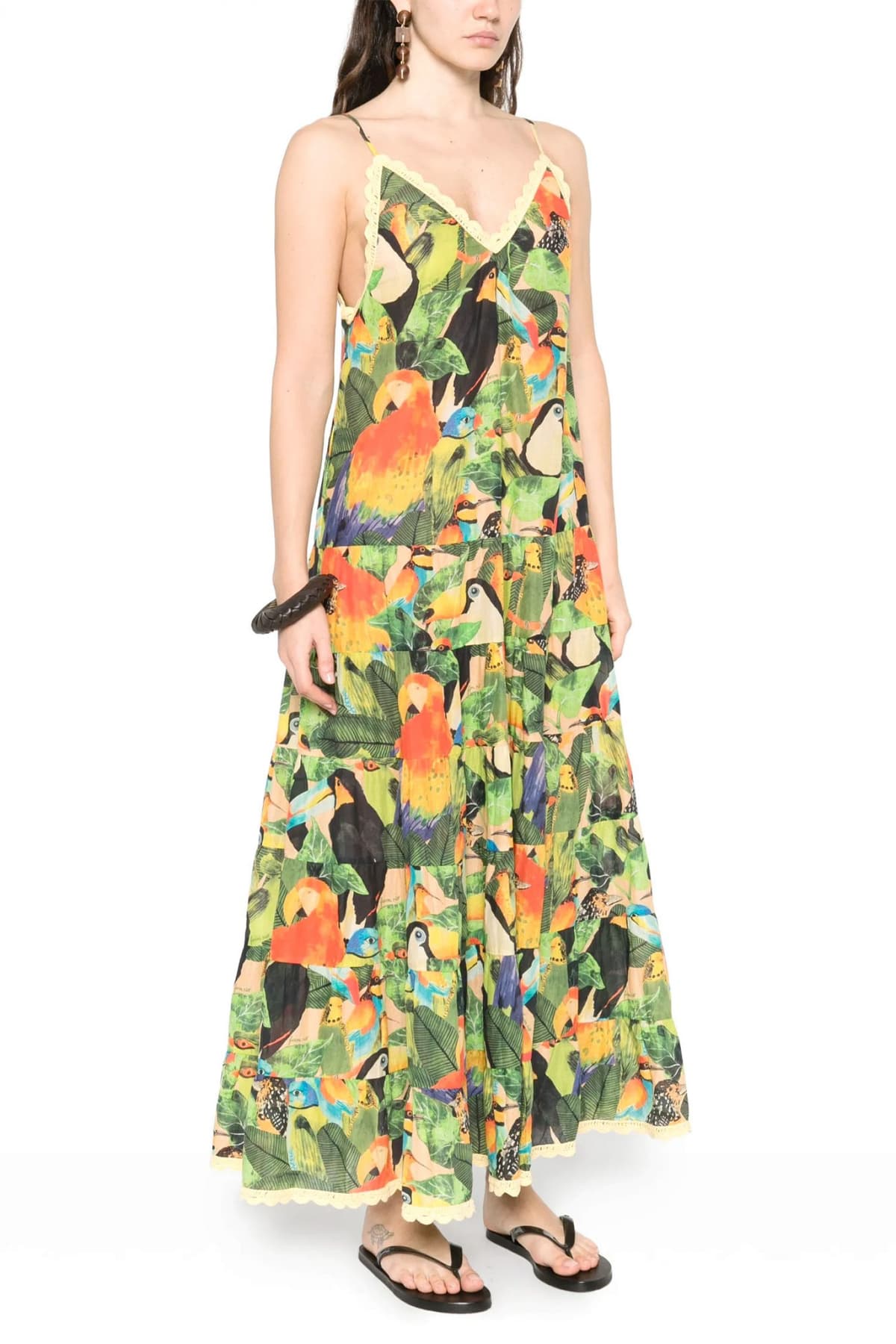 FARM RIO ΦΟΡΕΜΑ MIDI BIRD LEAVES SAND ΑΝΟΙΧΤΗ ΠΛΑΤΗ ΒΟΛΑΝ ΠΟΛΥΧΡΩΜΟ