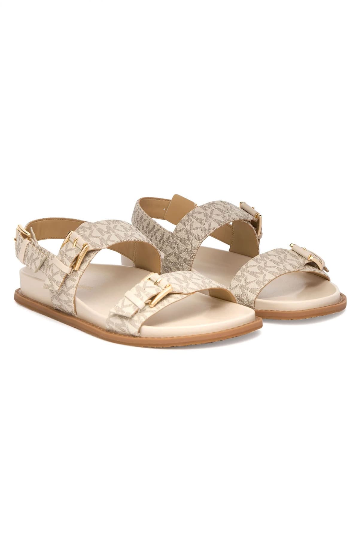 MICHAEL KORS ΠΑΠΟΥΤΣΙΑ ΣΑΝΔΑΛΙΑ NIA FLAT SANDAL ALL OVER LOGO ΜΠΕΖ/ΤΑΜΠΑ