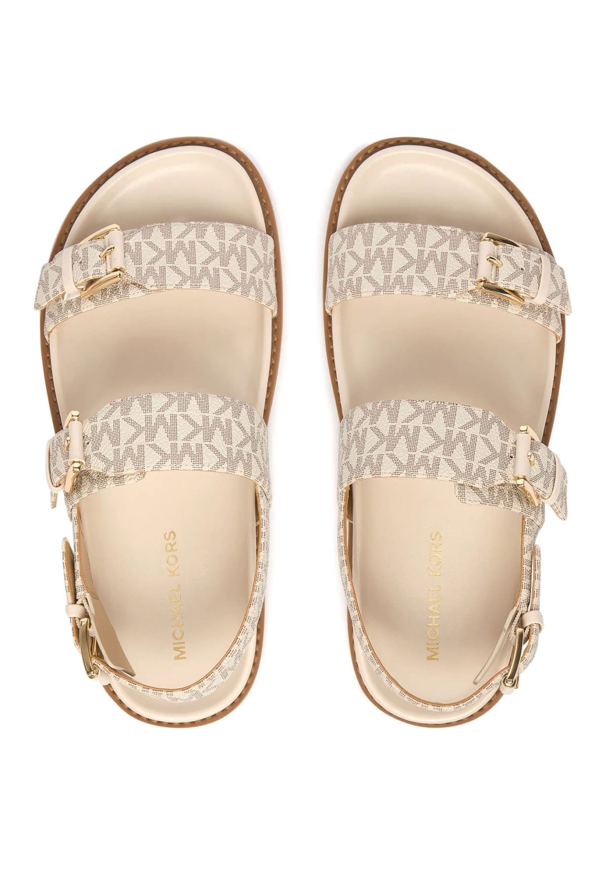 MICHAEL KORS ΠΑΠΟΥΤΣΙΑ ΣΑΝΔΑΛΙΑ NIA FLAT SANDAL ALL OVER LOGO ΜΠΕΖ/ΤΑΜΠΑ