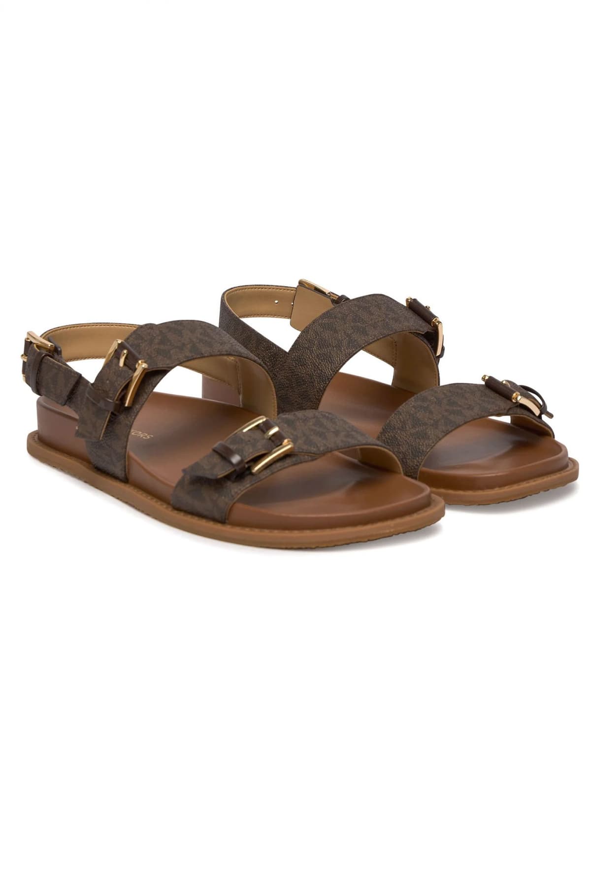 MICHAEL KORS ΠΑΠΟΥΤΣΙΑ ΣΑΝΔΑΛΙΑ NIA FLAT SANDAL ALL OVER LOGO ΚΑΦΕ/ΤΑΜΠΑ