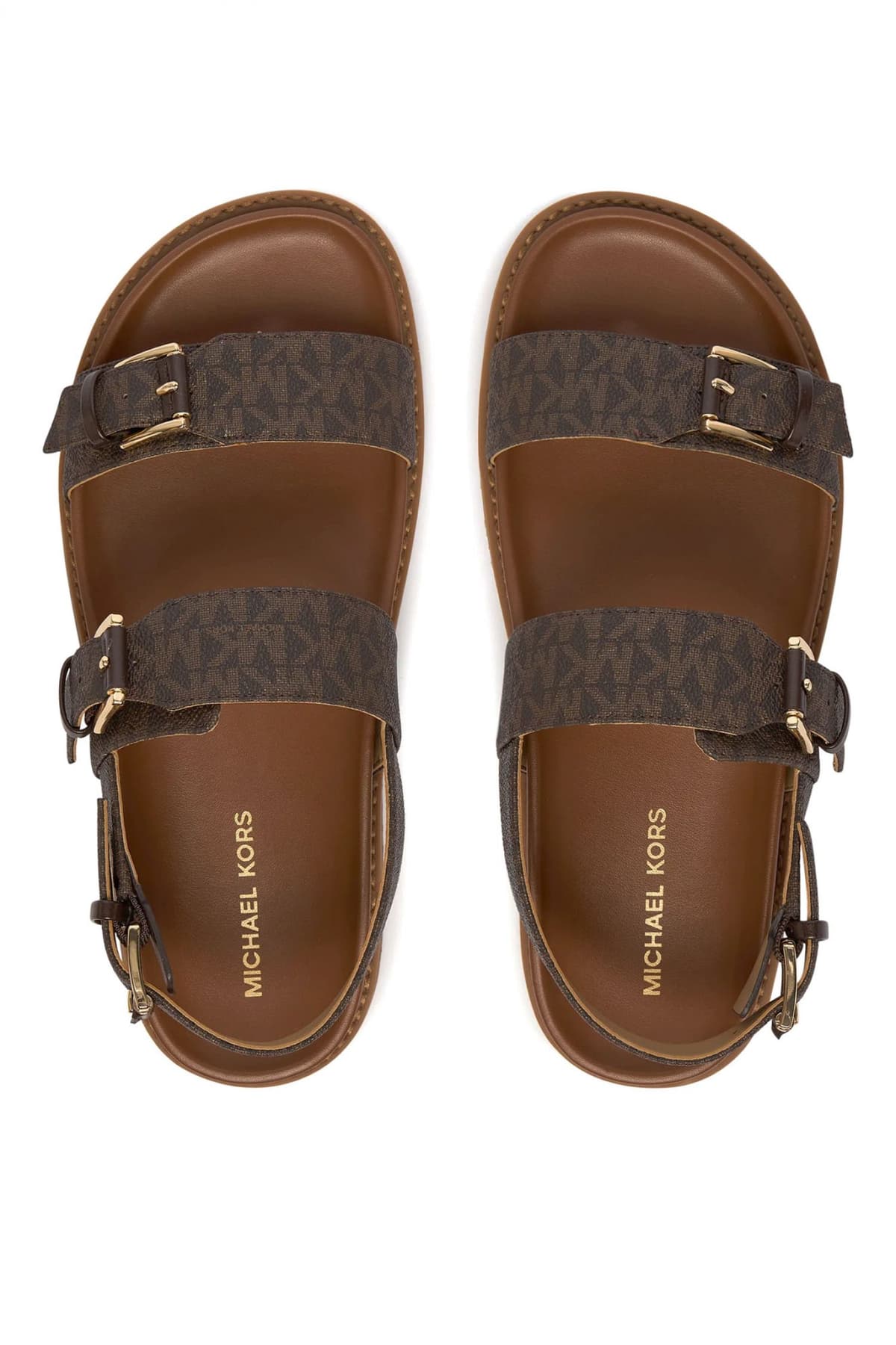 MICHAEL KORS ΠΑΠΟΥΤΣΙΑ ΣΑΝΔΑΛΙΑ NIA FLAT SANDAL ALL OVER LOGO ΚΑΦΕ/ΤΑΜΠΑ