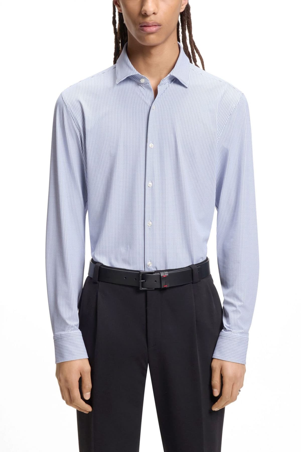 HUGO PERFORMANCE ΠΟΥΚΑΜΙΣΟ ΜΙΚΡΟΣΧΕΔΙΟ SLIM FIT KENNO ΣΙΕΛ-ΛΕΥΚΟ