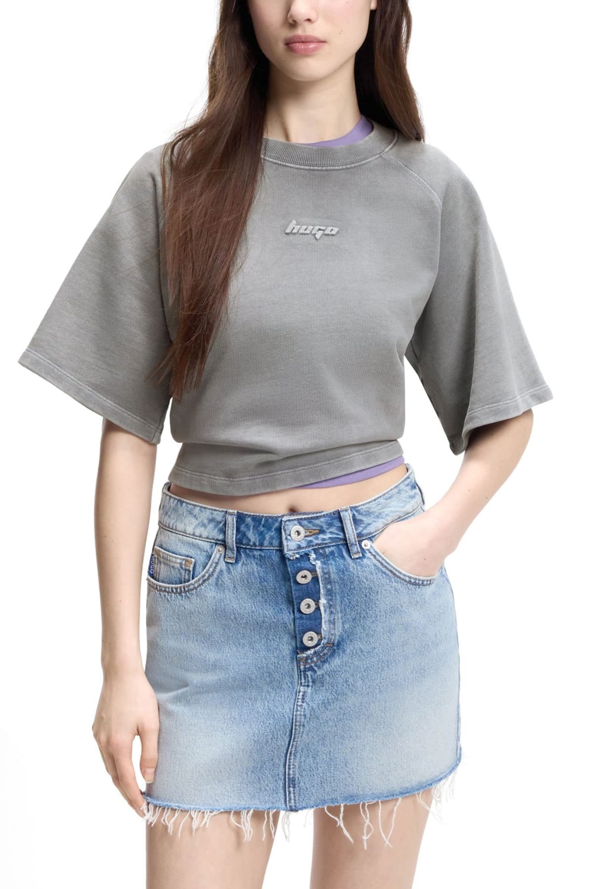 HUGO BLUE T-SHIRT CROPPED DORLINA_B_1 LOGO ΓΚΡΙ