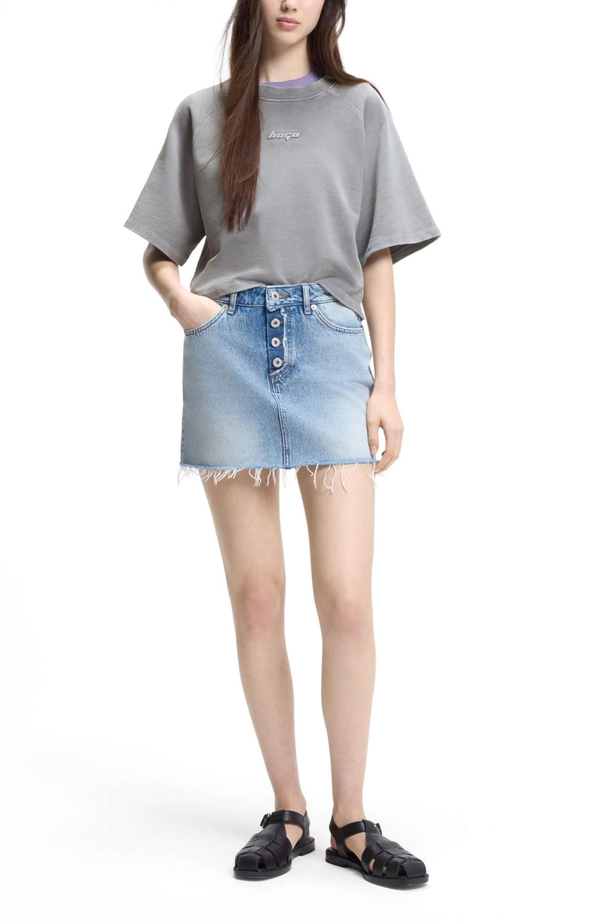 HUGO BLUE T-SHIRT CROPPED DORLINA_B_1 LOGO ΓΚΡΙ