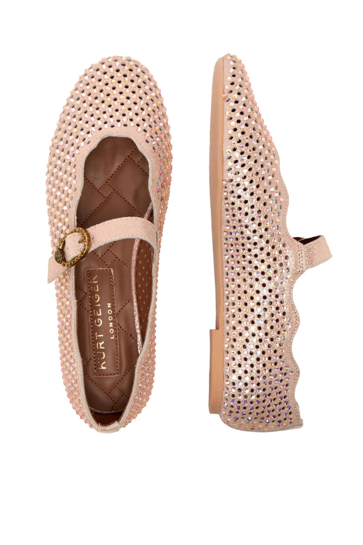 KURT GEIGER ΠΑΠΟΥΤΣΙΑ MΠΑΛΑΡΙΝΕΣ WAVY MAYFAIR BALLET FLAT ΣΤΡΑΣ LOGO METAΛΛΙΚΟ ΡΟΖ