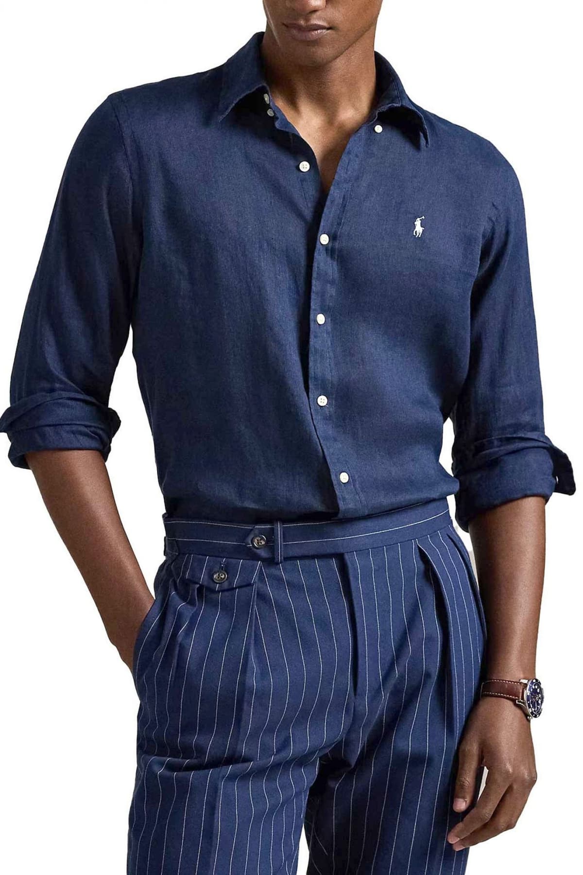 RALPH LAUREN ΠΟΥΚΑΜΙΣΟ ΛΙΝΟ BUTTON DOWN CUSTOM FIT LOGO ΜΠΛΕ