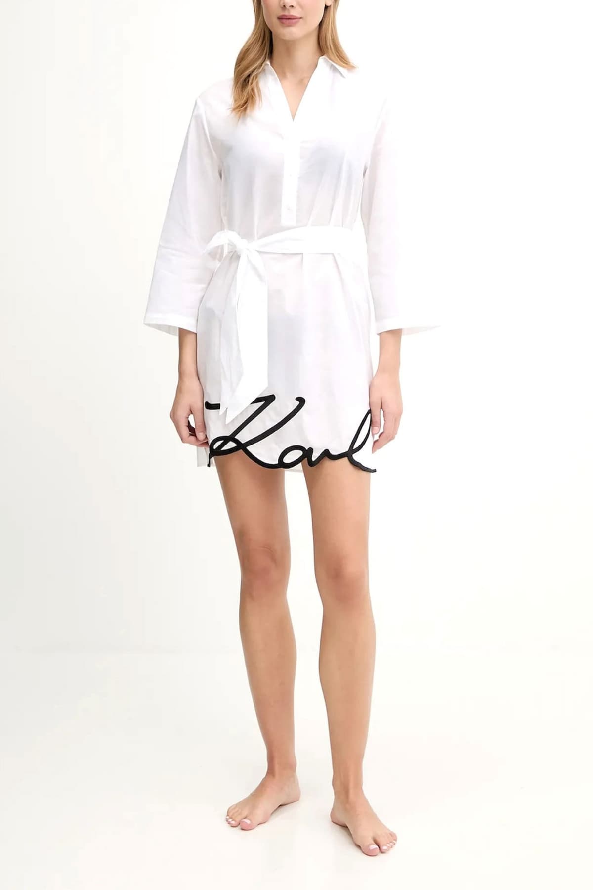 KARL LAGERFELD ΠΑΡΕΟ DNA SIGNATURE BEACH DRESS ΑΝΟΙΓΜΑΤΑ ΚΑΤΩ ΑΠΟΣΠΩΜΕΝΗ ΖΩΝΗ ΛΕΥΚΟ