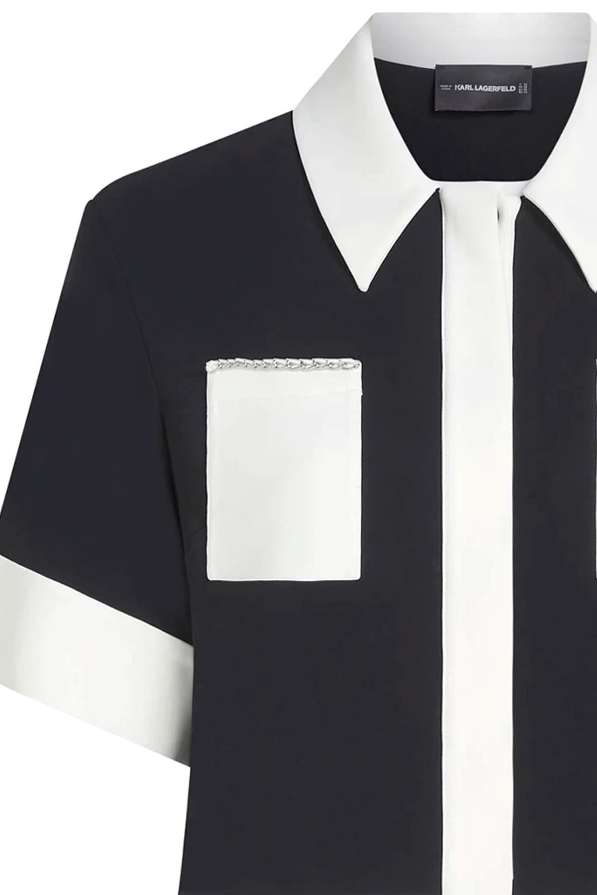 KARL LAGERFELD ΠΟΥΚΑΜΙΣΟ POLO CROPPED CHAINE DETAIL JACKET ΚΡΥΦΑ ΚΟΥΜΠΙΑ ΜΑΥΡΟ-ΕΚΡΟΥ