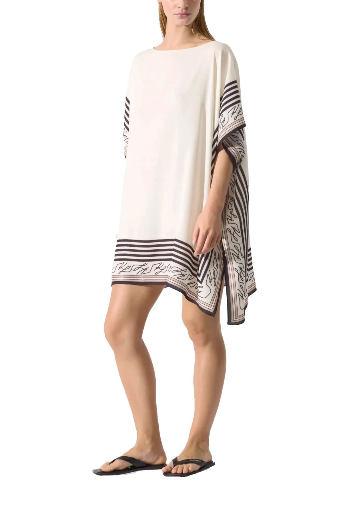 KARL LAGERFELD ΠΑΡΕΟ AUTOGRAPH BORDER COVER-UP ΑΝΟΙΓΜΑΤΑ ΠΛΑΙ LOGO ΕΚΡΟΥ