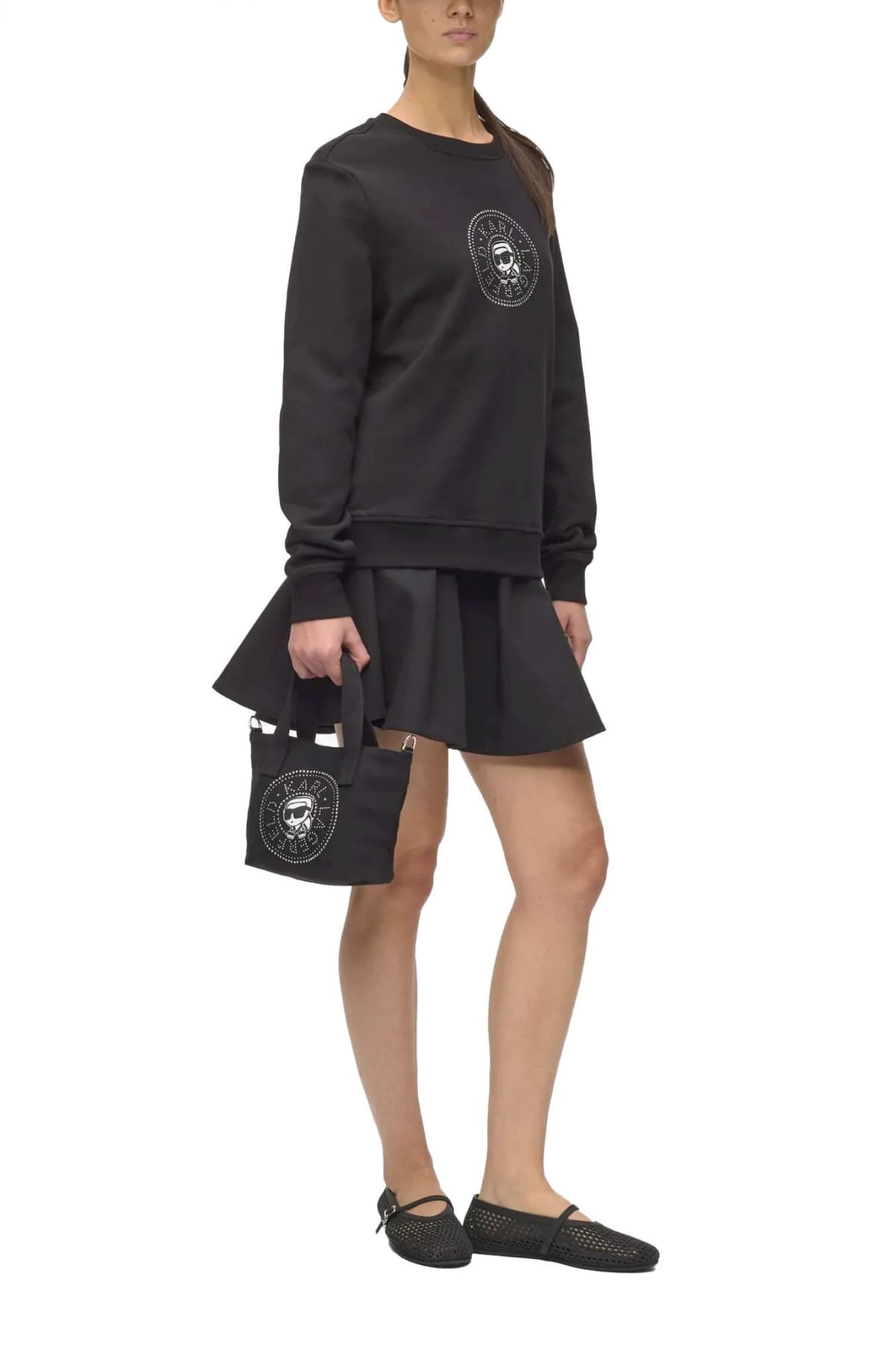 KARL LAGERFELD ΤΣΑΝΤΑ ΧΕΙΡΟΣ/CROSSBODY IKON CIRCLE RH SM SHOPPER LOGO ΣΤΡΑΣ ΜΑΥΡΟ