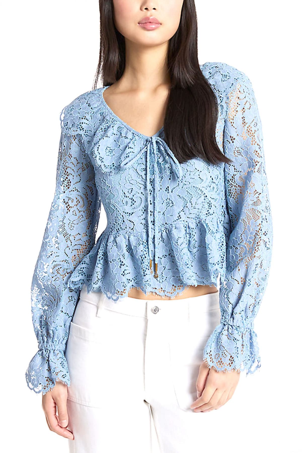 MICHAEL KORS ΜΠΛΟΥΖΑ CROPPED ΔΑΝΤΕΛΑ C-THRU ΕΣΩΤΕΡΙΚΟ TOP ΣΙΕΛ