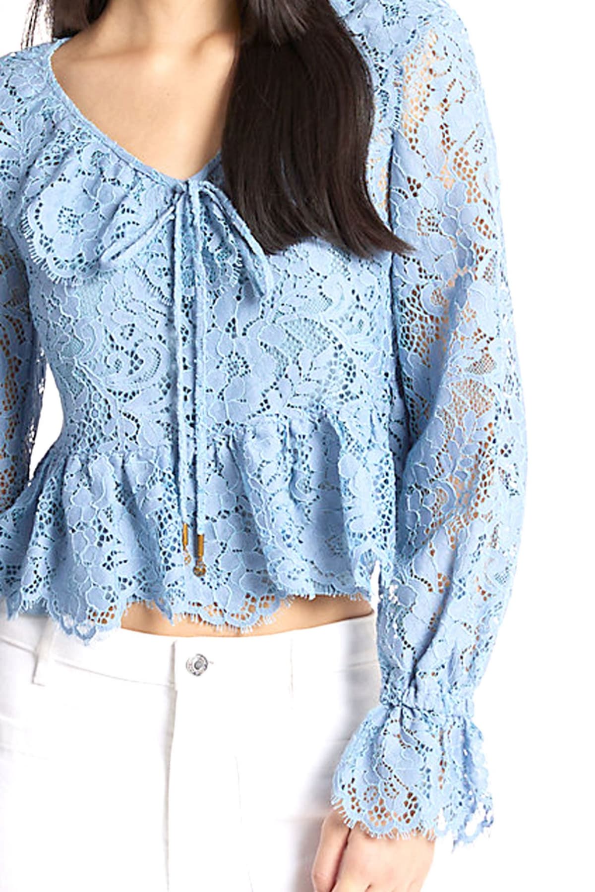 MICHAEL KORS ΜΠΛΟΥΖΑ CROPPED ΔΑΝΤΕΛΑ C-THRU ΕΣΩΤΕΡΙΚΟ TOP ΣΙΕΛ