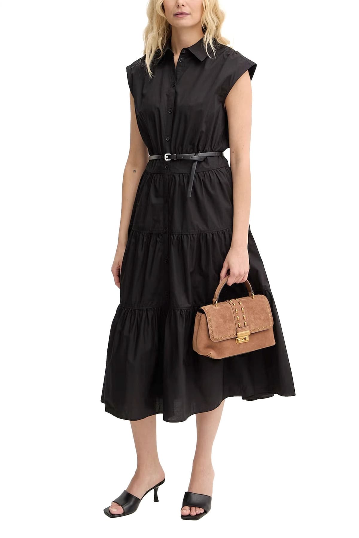 MICHAEL KORS ΦΟΡΕΜΑ MIDI POLO ΚΟΥΜΠΙΑ ΒΟΛΑΝ ΑΠΟΣΠΩΜΕΝΗ ΖΩΝΗ ΜΑΥΡΟ