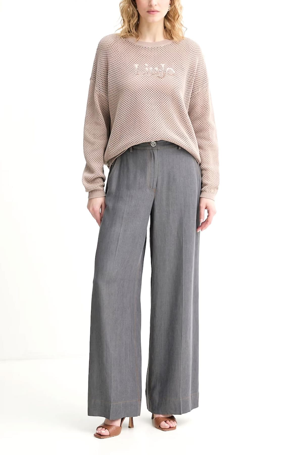 LIU-JO BETTER ΠΛΕΚΤΟ CREWNECK ΔΙΑΤΡΗΤΟ ΜΠΡΟΣΤΑ LOGO ΣΤΡΑΣ ΚΑΦΕ