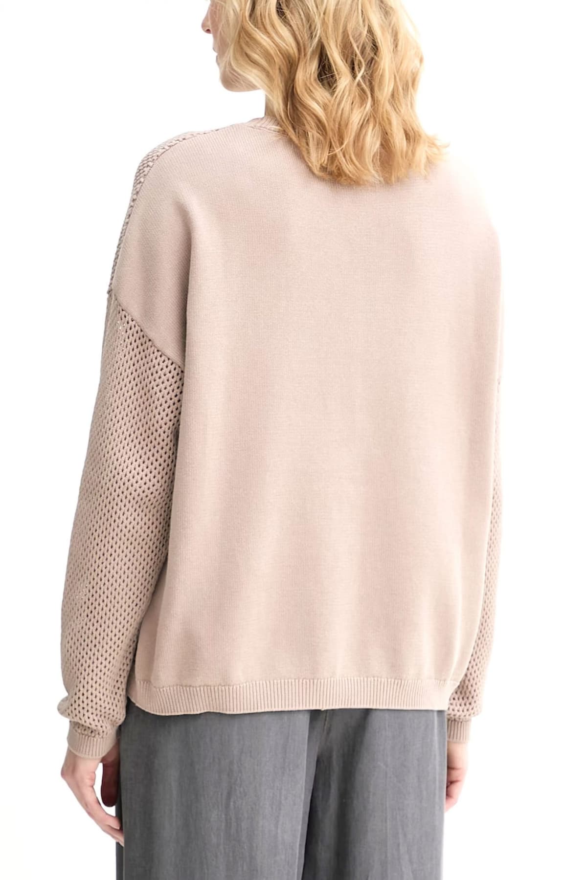 LIU-JO BETTER ΠΛΕΚΤΟ CREWNECK ΔΙΑΤΡΗΤΟ ΜΠΡΟΣΤΑ LOGO ΣΤΡΑΣ ΚΑΦΕ