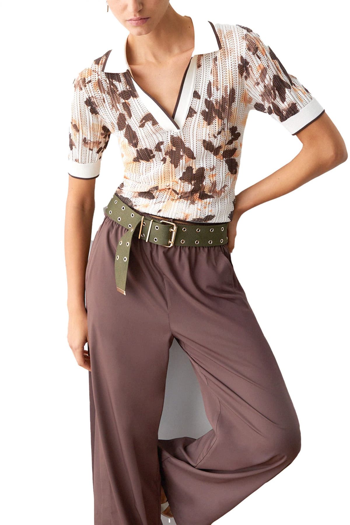 LIU-JO POLO ΠΛΕΚΤΟ ΔΙΑΤΡΗΤΟ FLORAL ΕΚΡΟΥ-ΚΑΦΕ