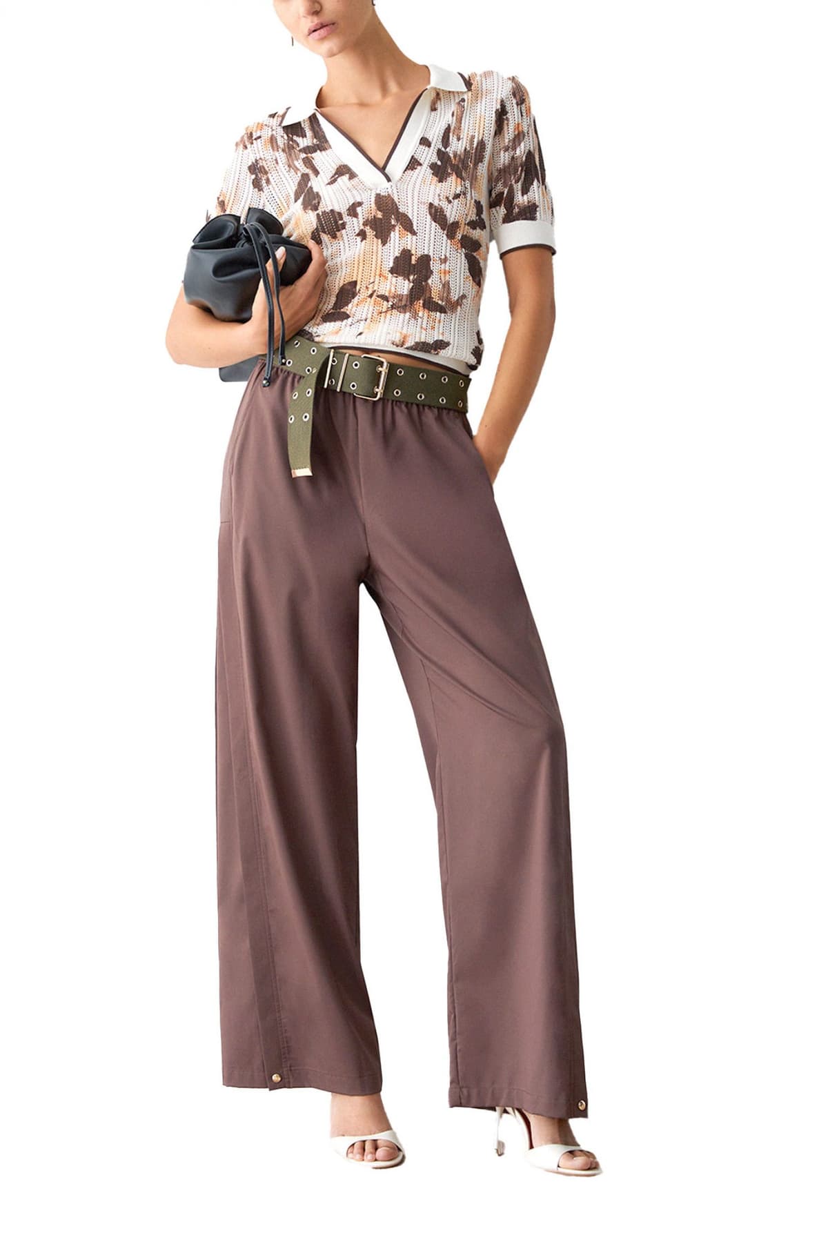 LIU-JO POLO ΠΛΕΚΤΟ ΔΙΑΤΡΗΤΟ FLORAL ΕΚΡΟΥ-ΚΑΦΕ