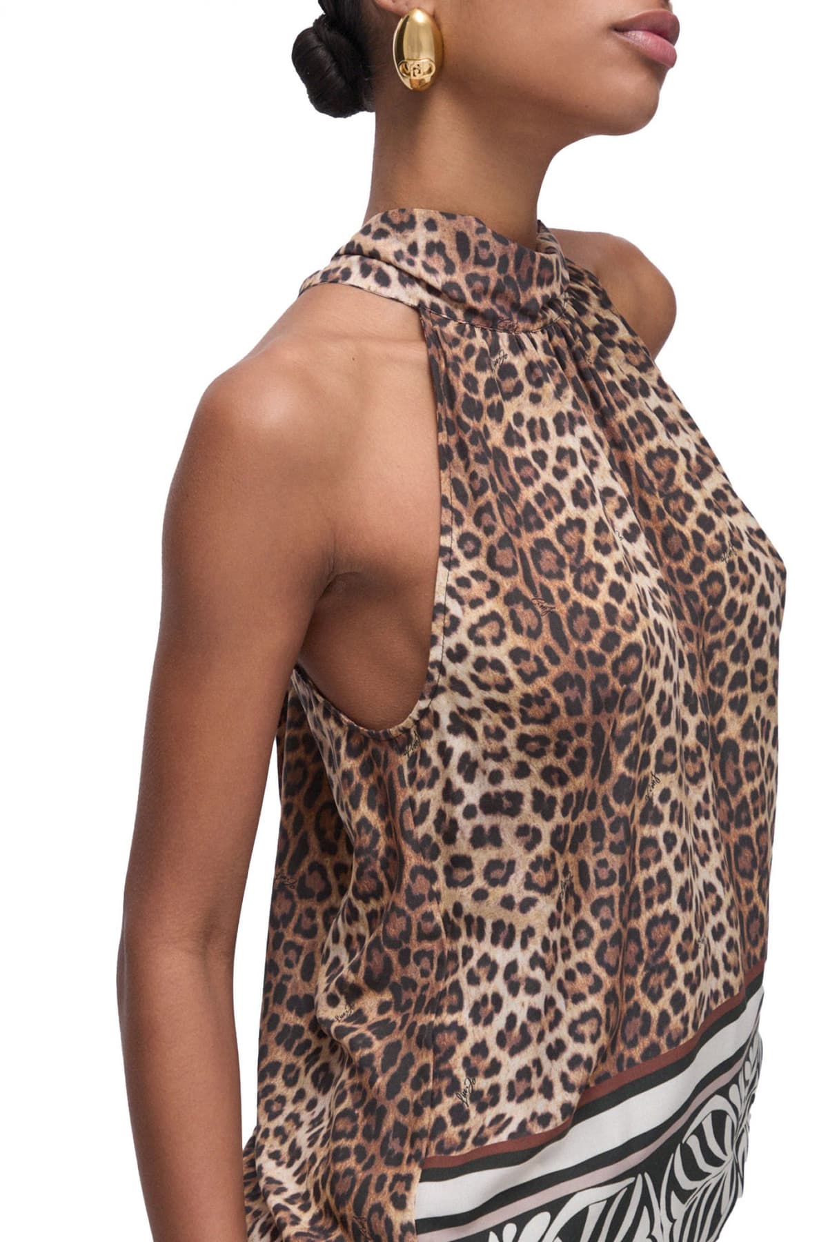 LIU-JO BETTER TOP ΔΕΣΙΜΟ ΛΑΙΜΟ ΑΝΟΙΧΤΗ ΠΛΑΤΗ LEOPARD PRINT ΑΣΣΥΜΕΤΡΟ ΜΠΕΖ-ΚΑΦΕ