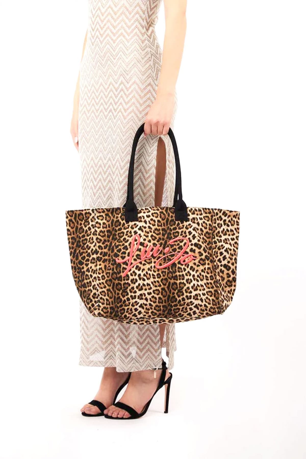 LIU-JO ΤΣΑΝΤΑ ΩΜΟΥ TOTE BEACHWEAR LEOPARD PRINT LOGO ΜΠΕΖ-ΚΑΦΕ