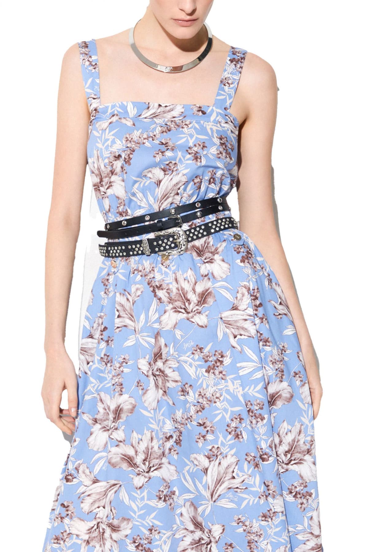 LIU-JO ΦΟΡΕΜΑ MIDI ΣΤΡΑΠΛΕΣ FLORAL ΑΠΟΣΠΩΜΕΝΗ ΖΩΝΗ ΑΠΟΣΠΩΜΕΝΕΣ ΤΙΡΑΝΤΕΣ ΣΙΕΛ