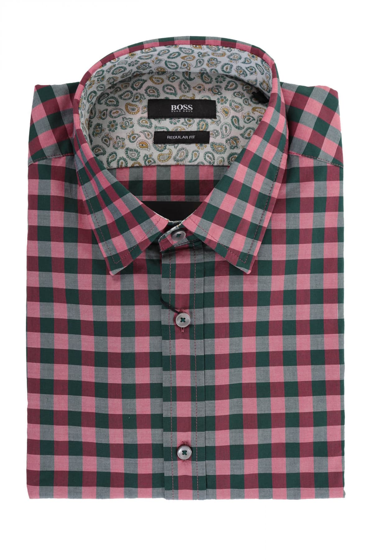 BOSS ΠΟΥΚΑΜΙΣΟ LUCAS_11 REGULAR FIT ΚΑΡΩ ΠΡΑΣΙΝΟ-ΡΟΖ