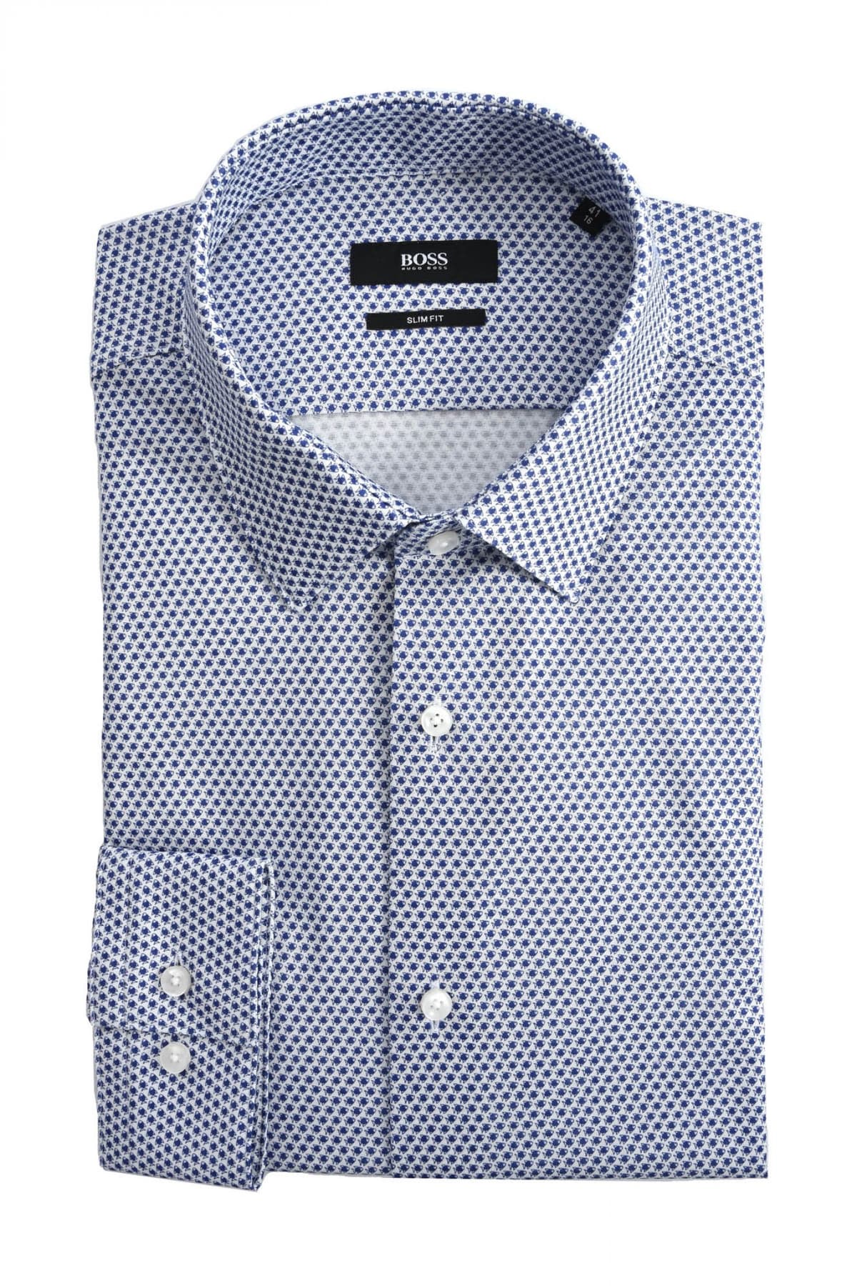 BOSS BUSINESS ΠΟΥΚΑΜΙΣΟ ΜΙΚΡΟΣΧΕΔΙΟ SLIM FIT ISKO MΠΛΕ-ΛΕΥΚΟ