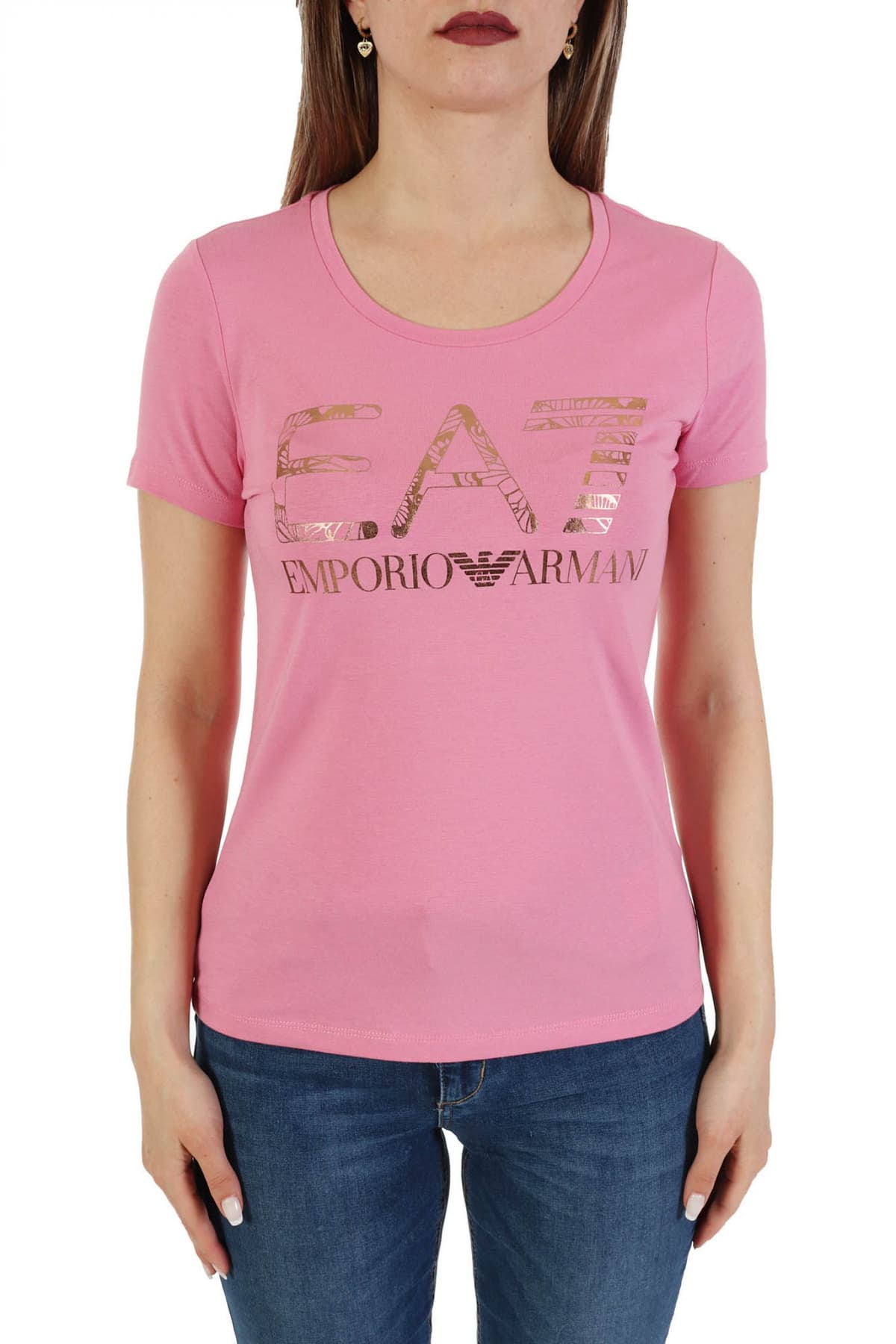 EMPORIO ARMANI 7 T-SHIRT WOMAN JERSEY LOGO ΣΤΑΜΠΑ ΡΟΖ