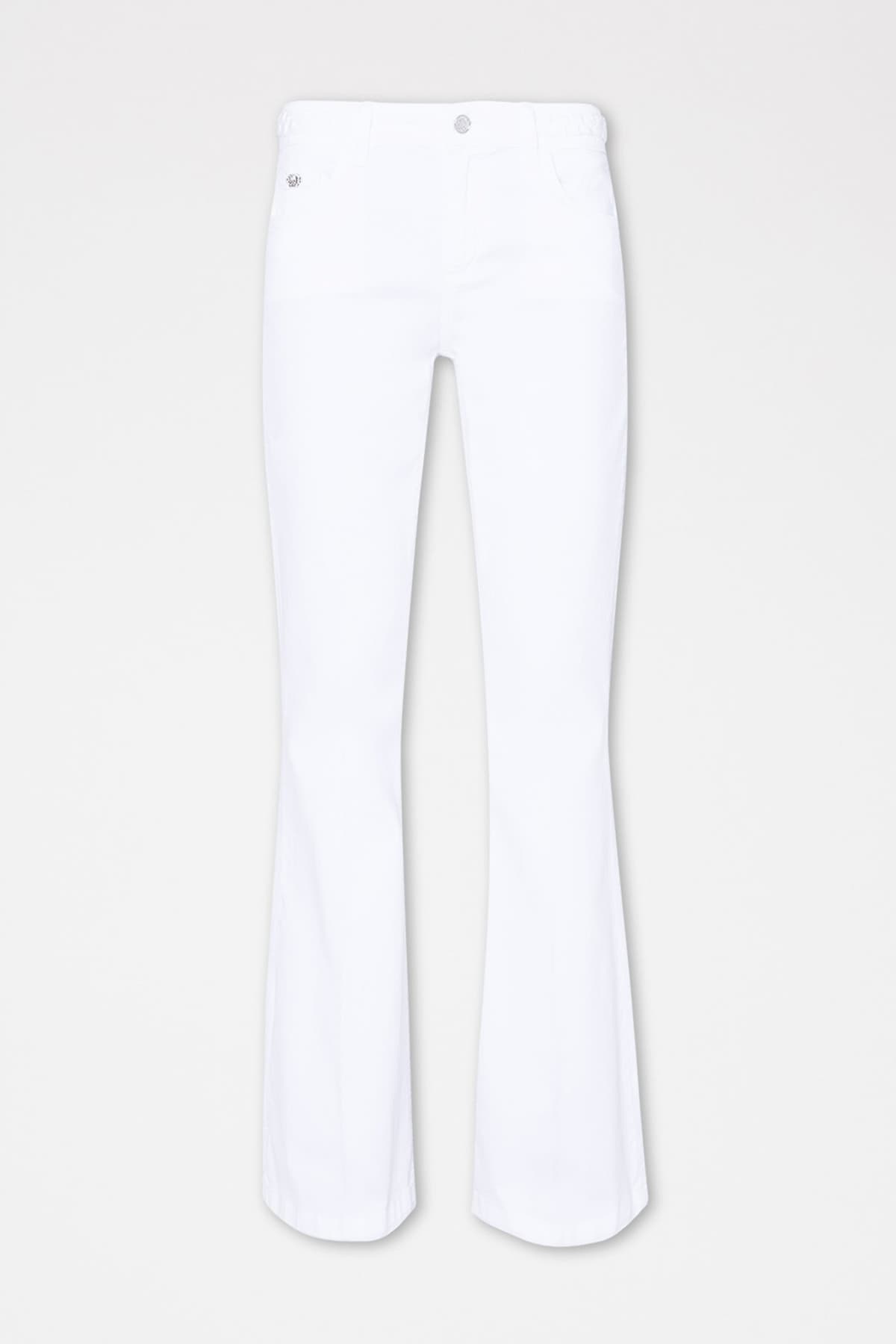 LIU -JO ΠΑΝΤΕΛΟNI JEANS FLAIR BOTTOM UP ΜΕΤΑΛΛΙΚΟ LOGO STRAS ΛΕΥΚΟ