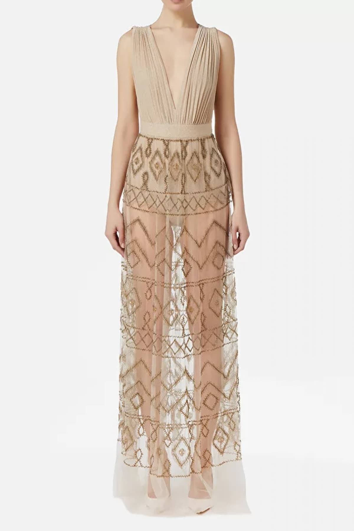 ELISABEΤΤA FRANCHI RED CARPET ΦΟΡΕΜΑ MAXI LUREX ΔΙΑΦΑΝΕΙΑ ΠΛΙΣΕ ΧΑΝΤΡΕΣ ΧΡΥΣΟ