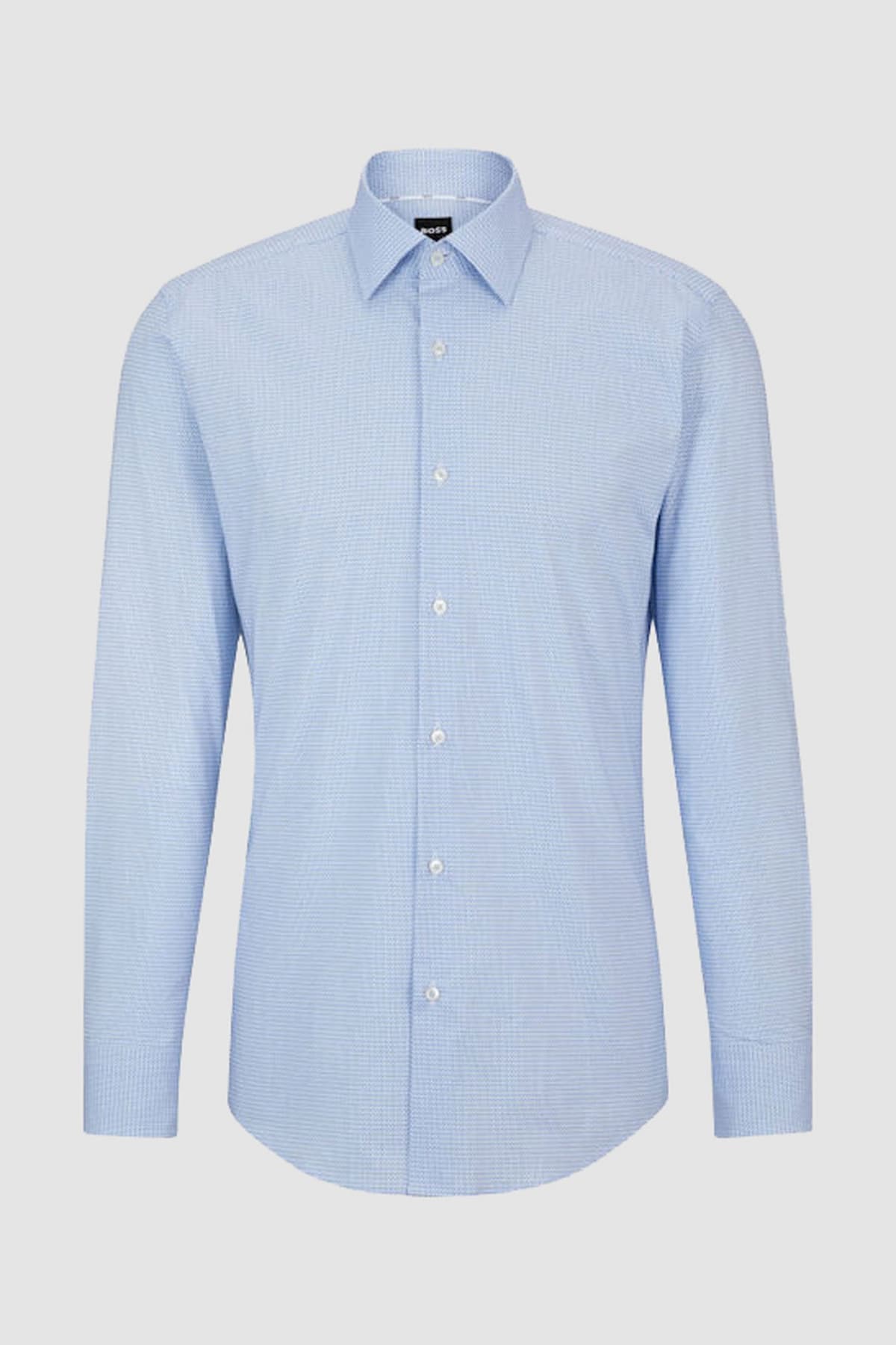 BOSS ΠΟΥΚΑΜΙΣΟ ΜΙΚΡΟΣΧΕΔΙΟ SLIM FIT STRETCH H-HANK-KENT-C1-214 ΜΠΛΕ-ΛΕΥΚΟ