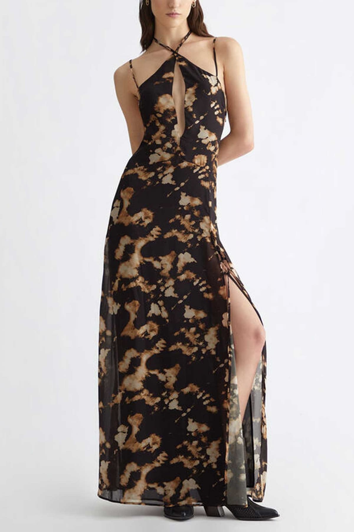 LIU JO GEORGETTE ΦΟΡΕΜΑ MAXI ALL OVER PRINT ΑΝΟΙΓΜΑ ΜΑΥΡΟ-ΜΠΕΖ