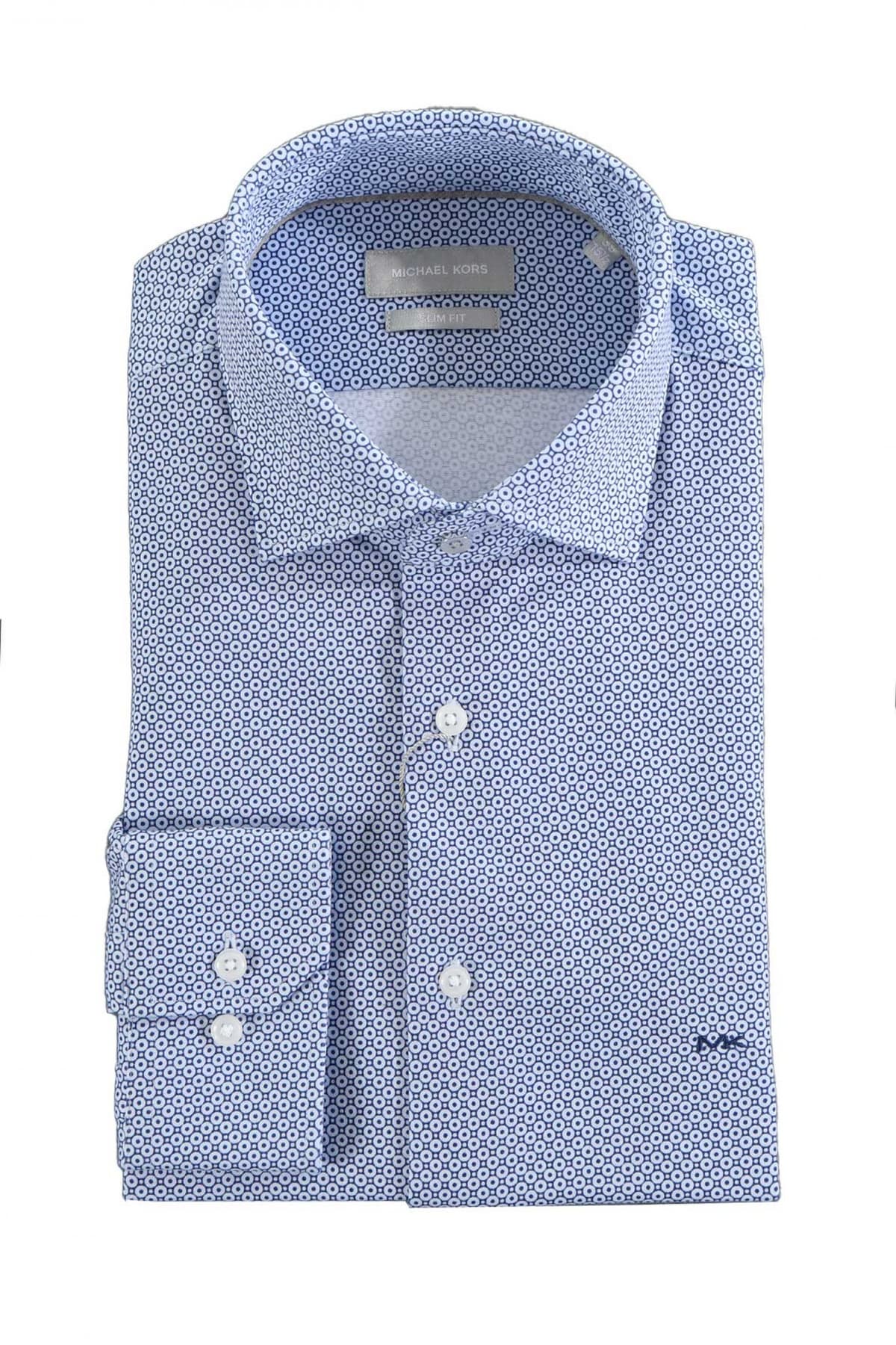 MICHAEL KORS ΠΟΥΚΑΜΙΣΟ ΜΙΚΡΟΣΧΕΔΙΟ SLIM FIT ΜΠΛΕ-ΛΕΥΚΟ