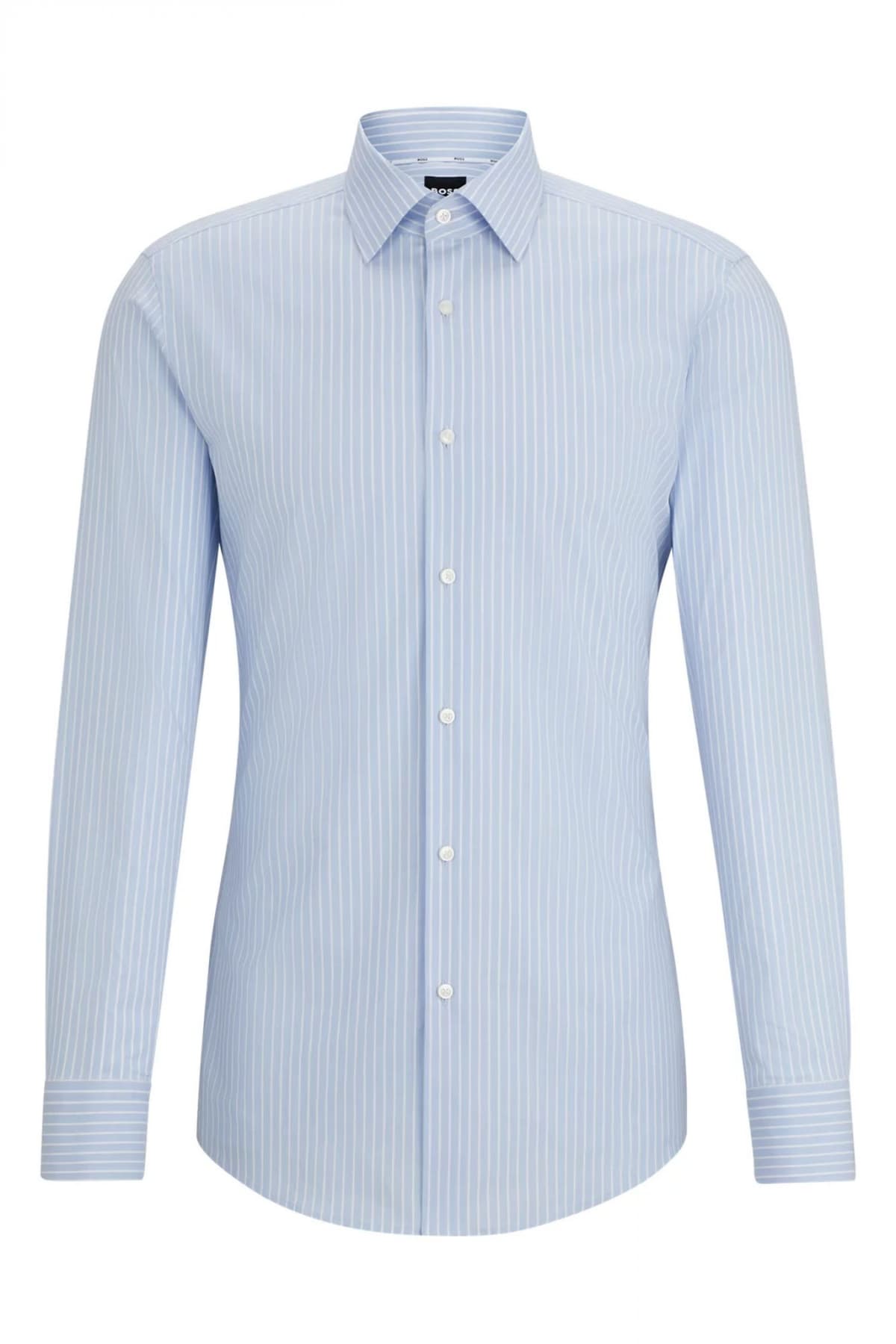 BOSS ΠΟΥΚΑΜΙΣΟ ΡΙΓΕ SLIM FIT EASY IRON H-HANK-KENT-C1-214 ΣΙΕΛ-ΛΕΥΚΟ