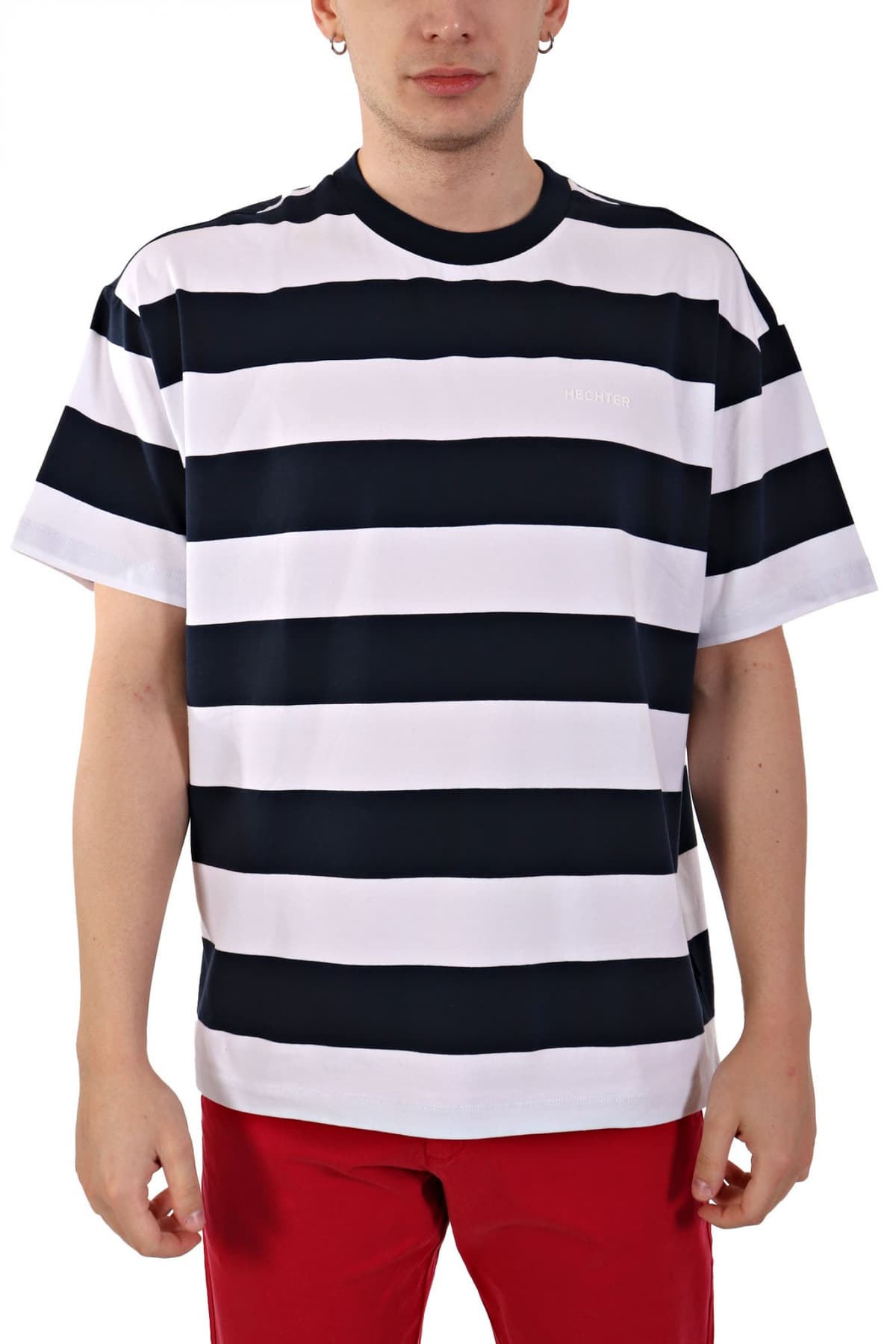 HECHTER T-SHIRT JERSEY ΡΙΓΕ LOGO ΜΠΛΕ-ΛΕΥΚΟ