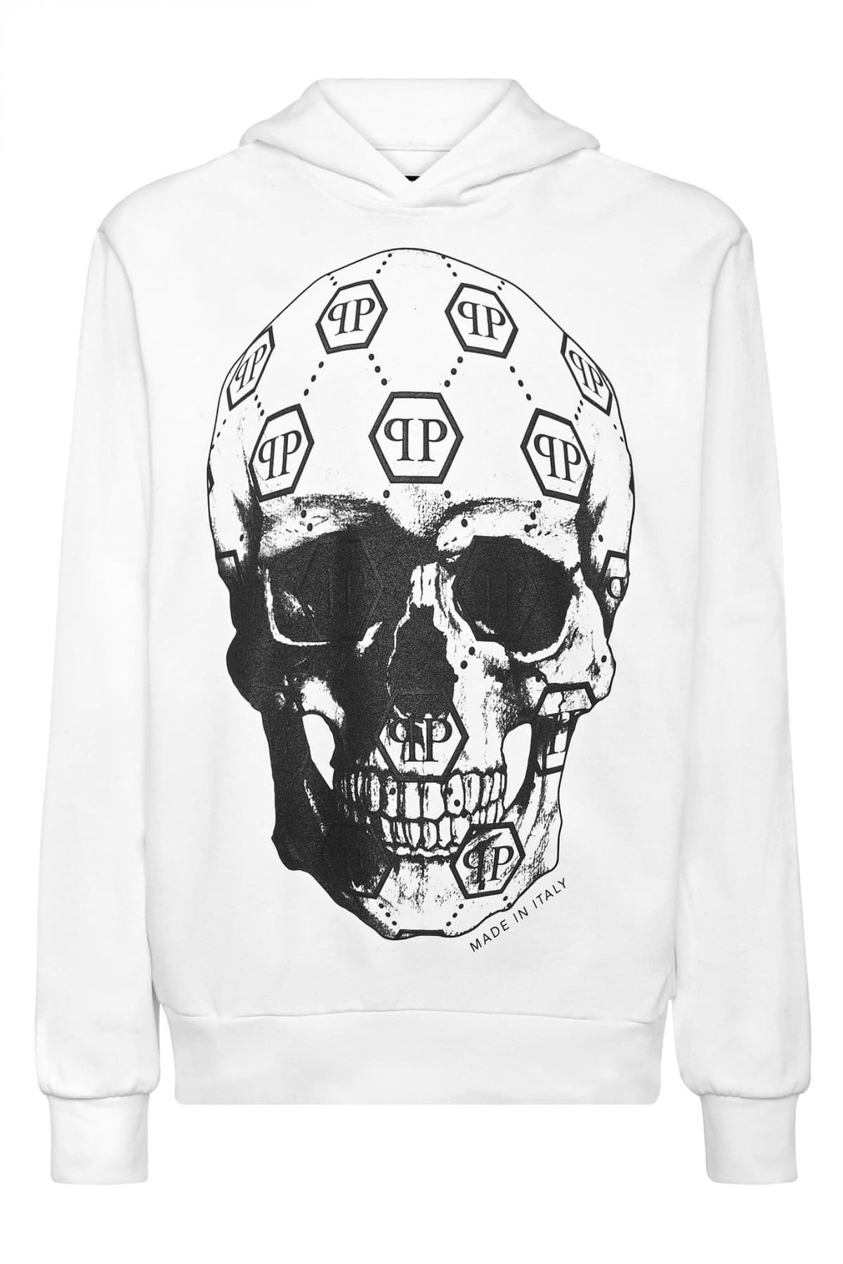 PHILIPP PLEIN ΦΟΥΤΕΡ HOODIE SWEATSHIRT SKULL ALL OVER LOGO ΛΕΥΚΟ-ΜΑΥΡΟ