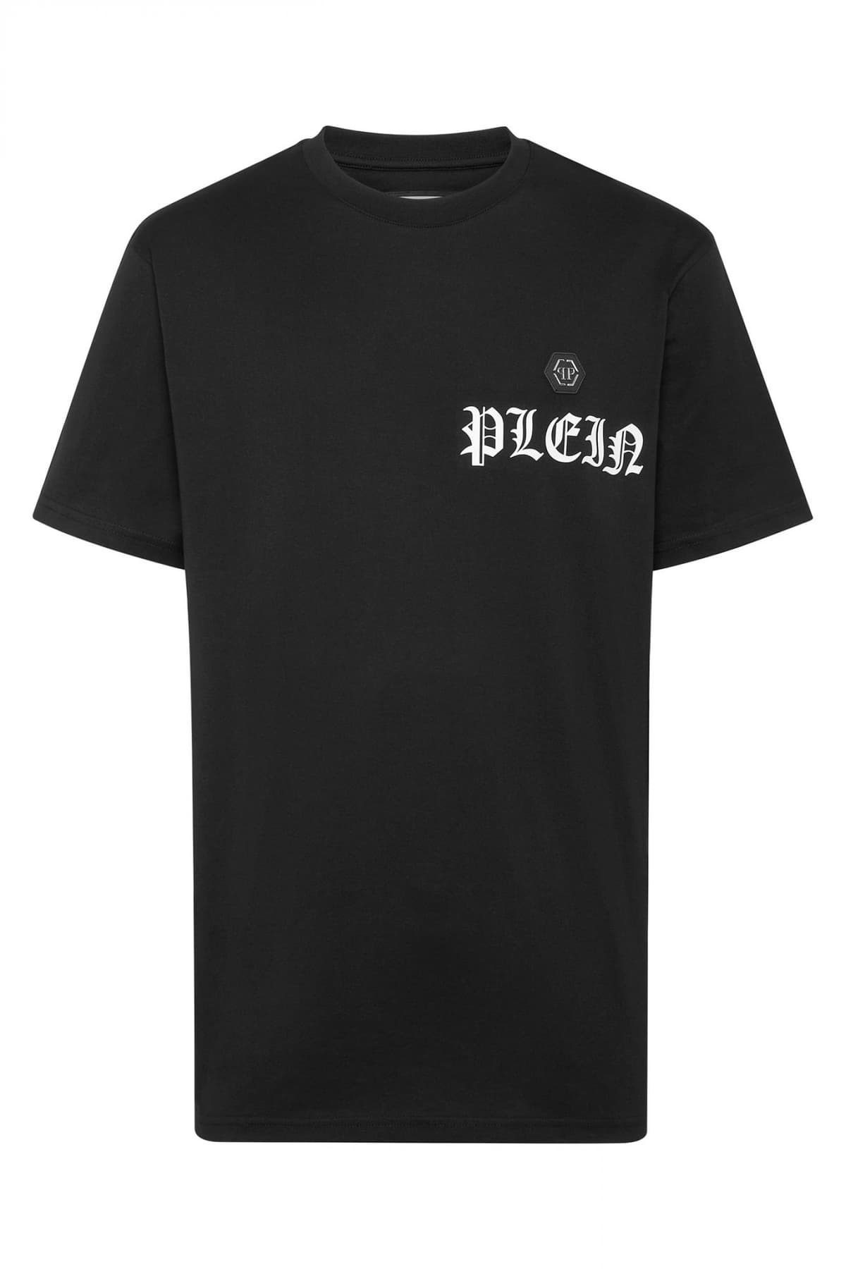 PHILIPP PLEIN T-SHIRT ROUND NECK SS LOGO ΜΕΤΑΛΛΙΚΟ ΛΕΥΚΟ