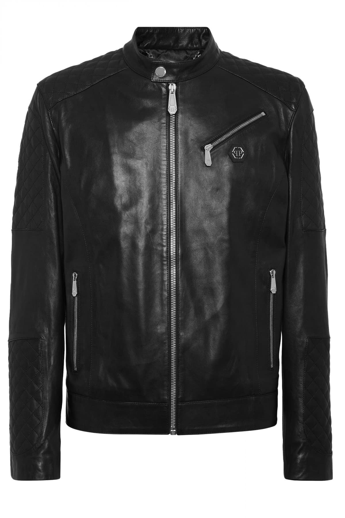 PHILIPP PLEIN ΜΠΟΥΦΑΝ ΔΕΡΜΑΤΙΝΟ PADDED LEATHER MOTO BOMBER LOGO ΜΕΤΑΛΛΙΚΟ ΜΑΥΡΟ