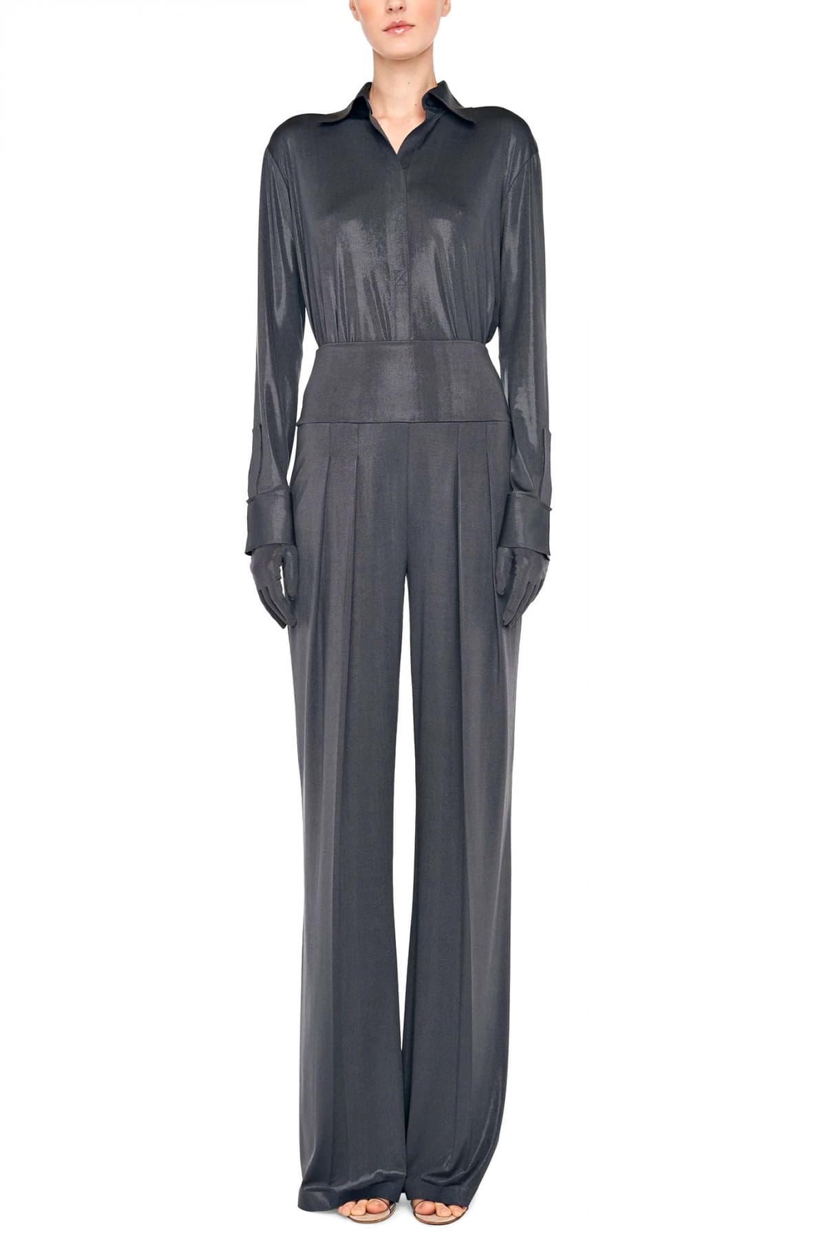 NORMA KAMALI ΠΑΝΤΕΛΟΝΑ YOKE WAISTBAND STRAIGHT LEG PLEATED TROUSER ΣΚΟΥΡΟ ΓΚΡΙ