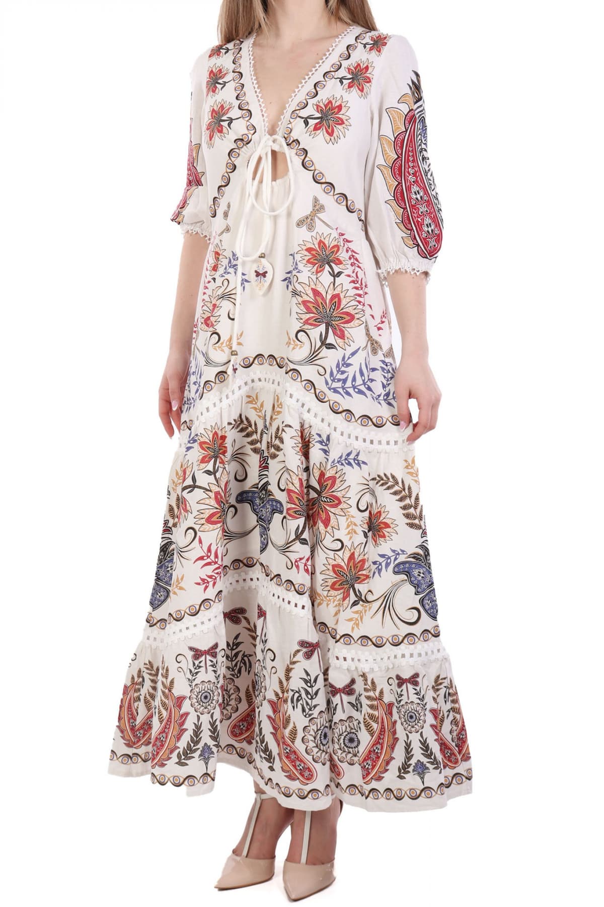 FARM RIO ΦΟΡΕΜΑ MAXI BOHO GLAM ΑΝΟΙΓΜΑ ΜΠΡΟΣΤΑ ΕΜΠΡΙΜΕ ΕΚΡΟΥ